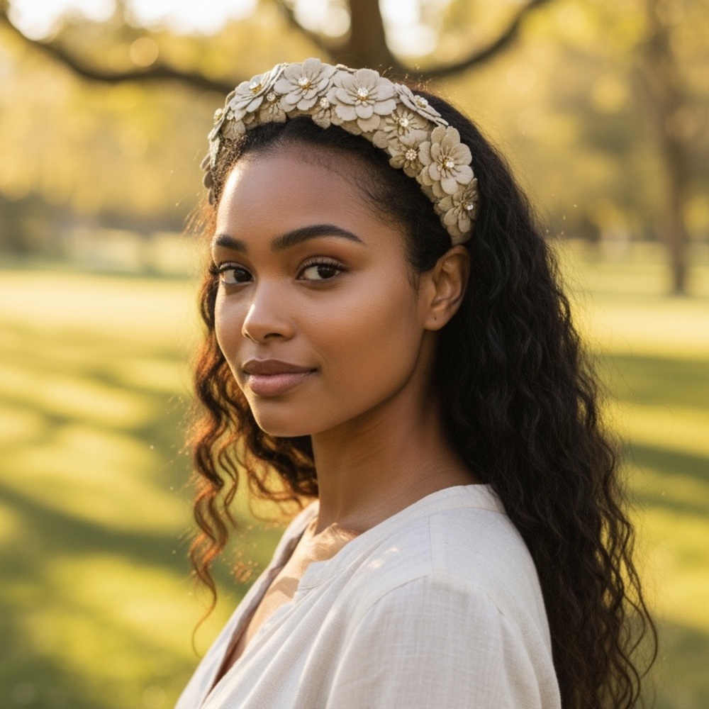 ARIANNA - Vegan Leather Padded/Embellished Rhinestones Flowers Headband - CREAM - Picture 3 of 4